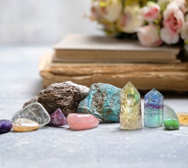 Healing crystals arranged on a table