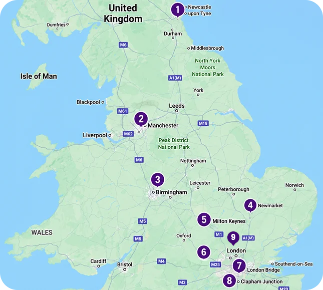 Map of The Beauty Academy training centre locations across the UK